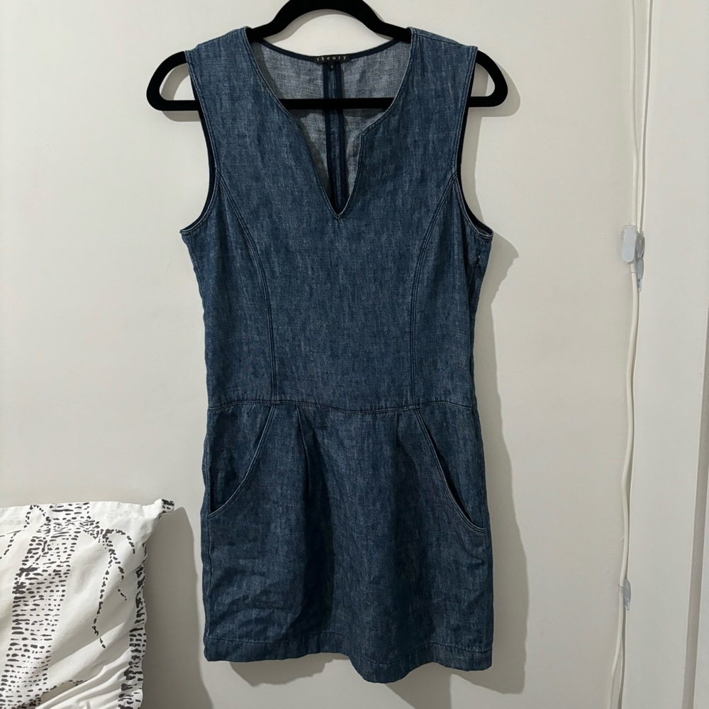 THEORY SLEEVELESS DENIM MINI 100% COTTON DRESS